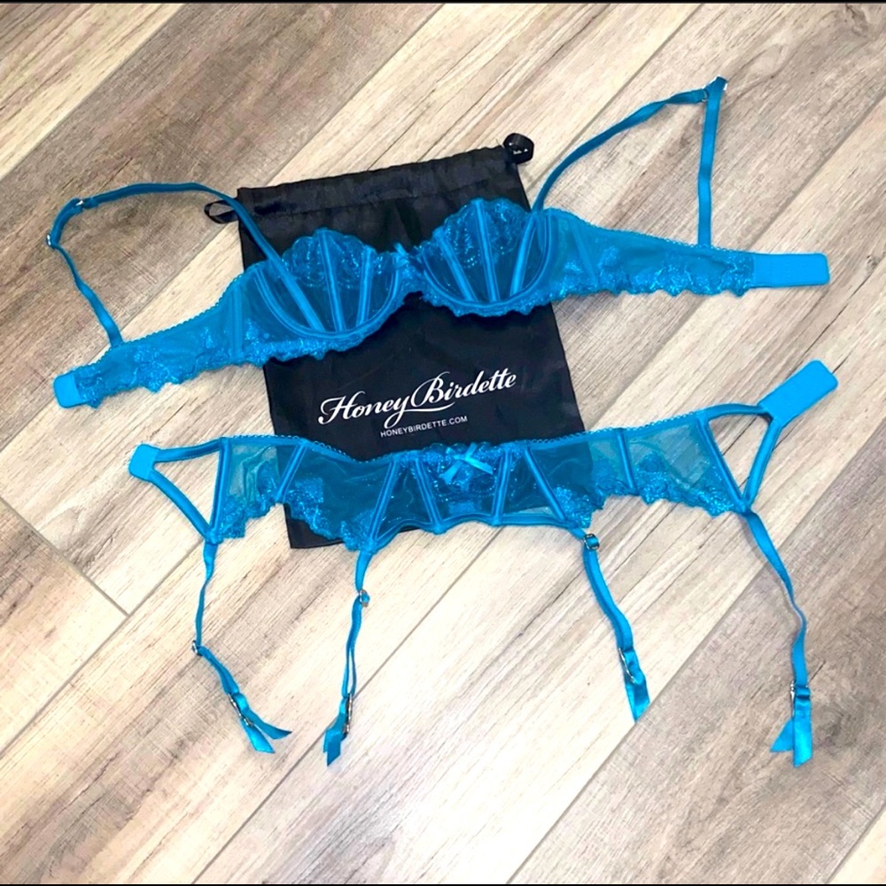 Honey Birdette Natalie teal bra &  garter set.